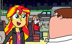 Size: 770x472 | Tagged: safe, artist:mighty355, sunset shimmer, human, equestria girls, g4, family guy, glasses, male, paint, peter griffin