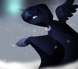 Size: 2694x2378 | Tagged: safe, artist:alena-asc, princess luna, spirit of hearth's warming yet to come, a hearth's warming tail, g4, cloak, clothes, female, high res, pointing, snow, snowfall, solo