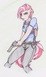 Size: 778x1308 | Tagged: safe, artist:zoarenso, babs seed, anthro, g4, female, gun, no trigger discipline, older, older babs seed, revolver, solo, traditional art, weapon