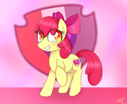 Size: 1000x814 | Tagged: dead source, safe, artist:ultrard, apple bloom, earth pony, pony, g4, colored pupils, cutie mark, cutie mark background, female, looking at you, raised hoof, signature, smiling, solo, the cmc's cutie marks