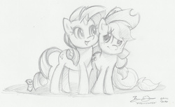 Size: 4458x2730 | Tagged: source needed, safe, artist:imdrunkontea, applejack, rarity, g4, commission, female, high res, hug, lesbian, pencil drawing, ship:rarijack, shipping, sketch, traditional art