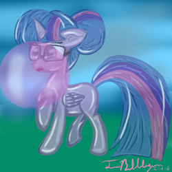 Size: 1000x1000 | Tagged: safe, artist:twibubblegum, sci-twi, twilight sparkle, balloon pony, pony, equestria girls, g4, bubble, bubblegum, equestria girls ponified, female, food, glasses, gum, hair bun, ponified, solo