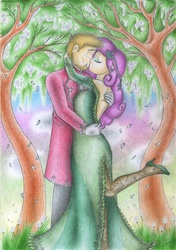 Size: 1637x2326 | Tagged: safe, artist:sinaherib, big macintosh, fluttershy, human, g4, clothes, dress, female, humanized, kissing, male, ship:fluttermac, shipping, straight, traditional art