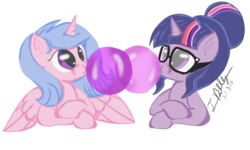 Size: 1500x900 | Tagged: safe, artist:twibubblegum, sci-twi, twilight sparkle, oc, oc:sugarless bubblegum, alicorn, pony, unicorn, equestria girls, g4, alicorn oc, bubble kiss, bubblegum, canon x oc, equestria girls ponified, food, glasses, gum, hair bun, ponified, shipping, simple background, transparent background, unicorn sci-twi