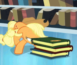 Size: 422x358 | Tagged: safe, screencap, applejack, g4, animated, book, female, floppy ears, throwing