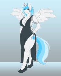 Size: 640x800 | Tagged: safe, artist:lunis1992, oc, oc only, oc:lyoko hope, alicorn, anthro, plantigrade anthro, alicorn oc, anthro oc, beads, bedroom eyes, big breasts, black dress, breasts, clothes, commission, dress, female, multicolored hair, solo