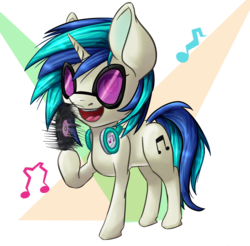 Size: 2003x1974 | Tagged: safe, artist:itresad, dj pon-3, vinyl scratch, pony, unicorn, g4, abstract background, background pony, cute, cutie mark, female, headphones, hooves, horn, mare, music notes, open mouth, raised hoof, record, simple background, solo, spinning, sunglasses, transparent background