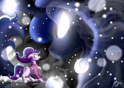 Size: 4960x3507 | Tagged: safe, artist:multraven94, princess luna, snowfall frost, spirit of hearth's warming yet to come, starlight glimmer, a hearth's warming tail, g4, absurd resolution, breath, clothes, glowing eyes, magic, snow, snowfall