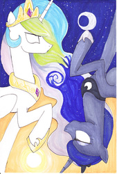 Size: 1024x1518 | Tagged: safe, artist:ihaveaninkling, princess celestia, princess luna, g4, glowing eyes, raised hoof, traditional art, yin-yang