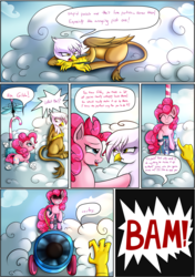 Size: 2894x4107 | Tagged: safe, artist:novaspark, gilda, pinkie pie, griffon, comic:pinkie's plot plan, g4, abuse, comic, flying contraption, gildabuse, high res, party cannon, pinkie being pinkie