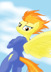 Size: 750x1066 | Tagged: safe, artist:theroyalprincesses, spitfire, anthro, g4, ass, butt, clothes, crossed arms, female, firebutt, looking at you, looking back, looking down, sexy, solo, spitfire is not amused, stupid sexy spitfire, tight clothing, unamused, wonderbolts uniform