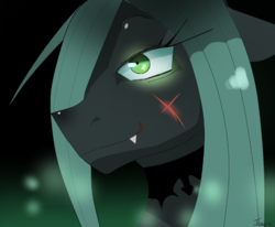 Size: 730x602 | Tagged: safe, artist:traupa, queen chrysalis, g4, bust, collar, female, glowing eyes, portrait, scar, smiling, solo