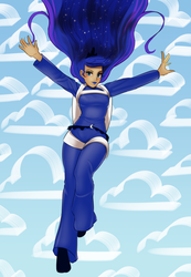Size: 1280x1845 | Tagged: safe, artist:rileyav, princess luna, human, g4, arms wide open, clothes, commission, falling, female, flying, humanized, jumpsuit, lipstick, parachute, smiling, solo