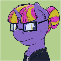 Size: 600x600 | Tagged: safe, artist:sandwichdelta, oc, oc only, oc:reboot, pony, unicorn, chest fluff, clothes, cute, ear fluff, freckles, glasses, leather jacket, solo