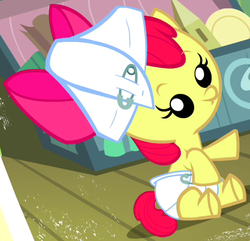 Size: 440x424 | Tagged: safe, screencap, apple bloom, earth pony, pony, g4, ponyville confidential, baby, baby apple bloom, baby pony, female, outfit catalog, solo, younger