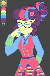Size: 989x1500 | Tagged: safe, artist:itsnotdaijoubu, sci-twi, twilight sparkle, equestria girls, g4, clothes, emoji, eyes closed, female, limited palette, outfit, reference sheet, school uniform, skirt, solo