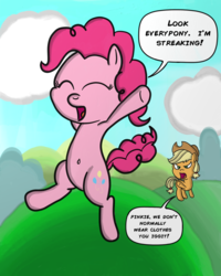 Size: 2400x3000 | Tagged: safe, artist:saburodaimando, applejack, pinkie pie, pony, g4, belly button, bipedal, high res, silly, streaking, we don't normally wear clothes