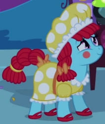 Size: 267x315 | Tagged: safe, screencap, cup cake, earth pony, pony, g4, luna eclipsed, clothes, costume, dazzle cake, dress, female, mare, nightmare night, nightmare night costume, outfit catalog, puffy sleeves, raggedy ann, smiling, solo