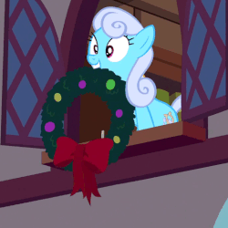 Size: 482x482 | Tagged: safe, screencap, linky, shoeshine, pony, a hearth's warming tail, animated, background pony, clothes, female, male, mouth hold, window
