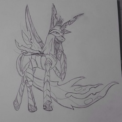 Size: 540x540 | Tagged: safe, artist:dectectivehunter, queen chrysalis, changeling, changeling queen, g4, crossover, dancer of the boreal valley, dark souls, dark souls 3, female, monochrome, request, requested art, solo, traditional art, tumblr