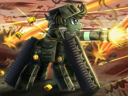 Size: 1024x768 | Tagged: safe, artist:vavacung, oc, oc only, oc:prototype aegis, original species, tank pony, armor, explosion, solo, tank (vehicle), war