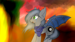 Size: 1280x720 | Tagged: safe, artist:eclipsepenumbra, oc, oc only, oc:eclipse penumbra, bat pony, pony, armor, burning, crying, fire, green eyes, night guard, shocked, smoke, solo, sunset