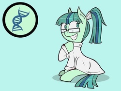 Size: 960x720 | Tagged: artist needed, safe, oc, oc only, oc:deoxy, earth pony, pony, blood, clothes, cutie mark, double helix, glasses, lab coat, mad scientist, solo