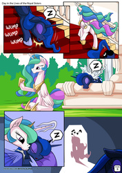 Size: 955x1351 | Tagged: safe, artist:mysticalpha, princess celestia, princess luna, alicorn, pony, comic:day in the lives of the royal sisters, g4, blanket, butt, comic, crown, eyeshadow, female, fountain, horseshoes, jewelry, kissing, magic, makeup, mare, music notes, peytral, pillow, plot, regalia, sitting, sleeping, speech bubble, stairs, telekinesis, z