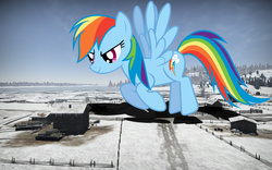 Size: 1680x1050 | Tagged: safe, artist:theotterpony, artist:uxyd, rainbow dash, pegasus, pony, g4, giant pony, irl, macro, photo, ponies in real life, solo, tank (vehicle), vector, war thunder