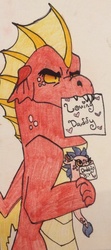 Size: 1359x3074 | Tagged: safe, artist:a-tiny-star, garble, oc, dragon, g4, cute, grumpy, mouth hold, offspring, parent:garble, parent:princess ember, parents:emble, sign, traditional art