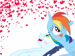 Size: 1024x768 | Tagged: safe, artist:ilaria122, rainbow dash, soarin', pony, g4, blushing, dorks, female, heart, male, ship:soarindash, shipping, straight