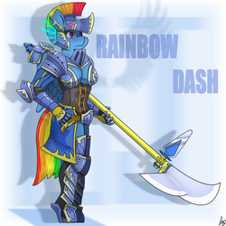 Size: 894x894 | Tagged: safe, artist:mopyr, rainbow dash, anthro, g4, armor, female, helmet, polearm, solo, weapon