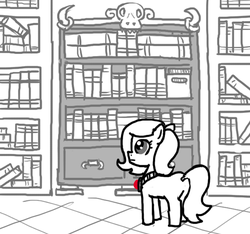 Size: 640x600 | Tagged: safe, artist:ficficponyfic, oc, oc only, oc:emerald jewel, earth pony, pony, colt quest, amulet, book, bookshelf, child, colt, curious, drawer, floor, foal, hair over one eye, male, skull, solo, spellbook, story included