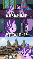 Size: 1922x3434 | Tagged: safe, edit, edited screencap, screencap, starlight glimmer, twilight sparkle, alicorn, pony, unicorn, g4, angkor wat, cambodia, female, filly, filly starlight glimmer, filly twilight sparkle, image macro, mare, meme, pun, twilight sparkle (alicorn), wat, younger