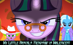Size: 1500x932 | Tagged: safe, artist:dashiesparkle edit, artist:stardustxiii, edit, edited screencap, screencap, snowfall frost, spike, starlight glimmer, trixie, pony, unicorn, a hearth's warming tail, g4, evil, evil grin, female, glasses, hat, mare, open mouth, text, trixie's cape