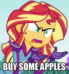 Size: 365x390 | Tagged: safe, sunset shimmer, equestria girls, g4, my little pony equestria girls: friendship games, buy some apples, image macro, meme