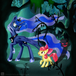 Size: 900x900 | Tagged: safe, artist:swanlullaby, apple bloom, princess luna, bloom & gloom, g4, open mouth, shadow bloom