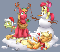 Size: 1000x870 | Tagged: safe, artist:moenkin, artist:swanlullaby, apple bloom, applejack, big macintosh, granny smith, earth pony, pony, g4, adorabloom, antlers, apple family, candy, candy cane, christmas, christmas ornament, clothes, collaboration, cute, earmuffs, female, food, hat, holly, male, open mouth, reindeer antlers, santa hat, scarf, simple background, snow, snowman, stallion, wink