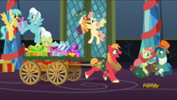 Size: 1920x1080 | Tagged: safe, screencap, big macintosh, granny smith, high note, jolly fir, lime zinnia, merry cotton, noel sage, sunshower raindrops, earth pony, pony, unicorn, a hearth's warming tail, g4, my little pony: friendship is magic, background pony, cart, discovery family logo, female, lidded eyes, male, mare, stallion