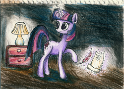 Size: 1053x759 | Tagged: safe, artist:daniel10alien, twilight sparkle, pony, unicorn, g4, female, lamp, library, magic, night, parchment, quill, solo, traditional art