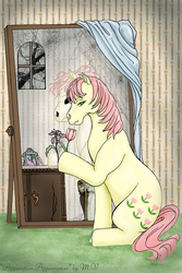 Size: 400x600 | Tagged: safe, artist:sumireshee, posey, g1, female, flower, mirror, reflection, solo, spooky