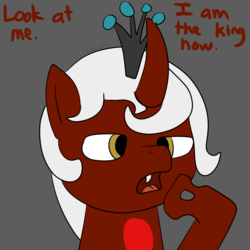 Size: 1024x1024 | Tagged: safe, artist:fapshack, oc, oc only, oc:charming crescent, changeling, captain phillips, crown, dialogue, red changeling