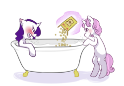 Size: 845x589 | Tagged: safe, artist:cups, derpibooru exclusive, rarity, sweetie belle, pony, g4, bath, bathtub, blushing, cereal, claw foot bathtub, food, milk, milk bath, simple background, transparent background