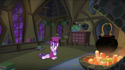 Size: 1920x1080 | Tagged: safe, screencap, snowfall frost, starlight glimmer, a hearth's warming tail, g4, dapper, discovery family logo, female, glasses, hat, sitting, solo