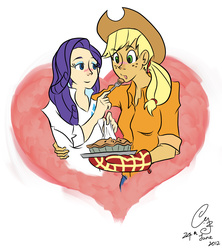 Size: 3505x3951 | Tagged: safe, artist:cycat, applejack, rarity, human, g4, apple, apple pie, feeding, female, food, humanized, lesbian, oven mitts, pie, ship:rarijack, shipping