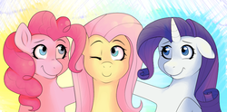 Size: 950x470 | Tagged: safe, artist:rosewhistle, fluttershy, pinkie pie, rarity, g4