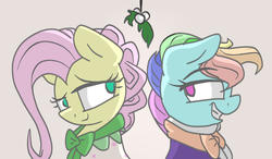 Size: 1024x600 | Tagged: safe, artist:fuckingflutterdash, flutterholly, fluttershy, rainbow dash, snowdash, pegasus, pony, a hearth's warming tail, g4, bust, clothes, duo, female, hearth's warming eve, lesbian, mare, mistletoe, no pupils, ship:flutterdash, shipping, simple background