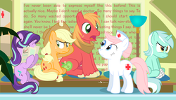 Size: 1100x630 | Tagged: safe, artist:dm29, applejack, big macintosh, lyra heartstrings, nurse redheart, starlight glimmer, earth pony, pony, g4, my little pony: friendship is magic, no second prances, big mac's big mouth, exploitable meme, hospital, male, meme, stallion