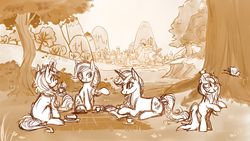 Size: 2500x1405 | Tagged: safe, artist:fayven, oc, oc only, oc:byzantine, oc:jolianna, oc:lilyana, oc:rosaline, butterfly, apple, basket, cup, food, magic, picnic, ponyville, sandwich, sisters