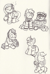 Size: 1671x2427 | Tagged: safe, artist:bobthedalek, twilight sparkle, alicorn, pony, g4, balloon, clothes, female, flower, hat, headphones, hoodie, mare, monochrome, ponified, saddle bag, twilight sparkle (alicorn)